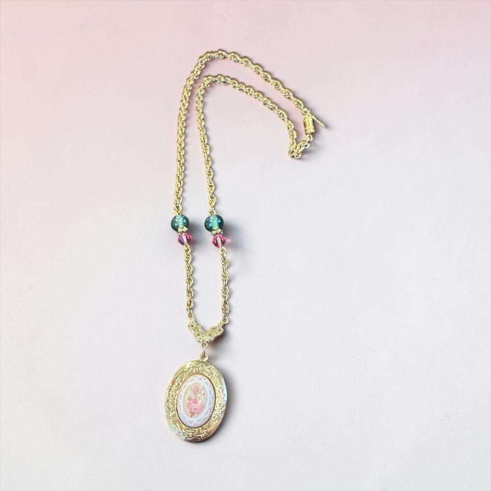 1928 Jewelry Gold Locket Necklace Needlepoint Rose Pink Green Romantic 18”
